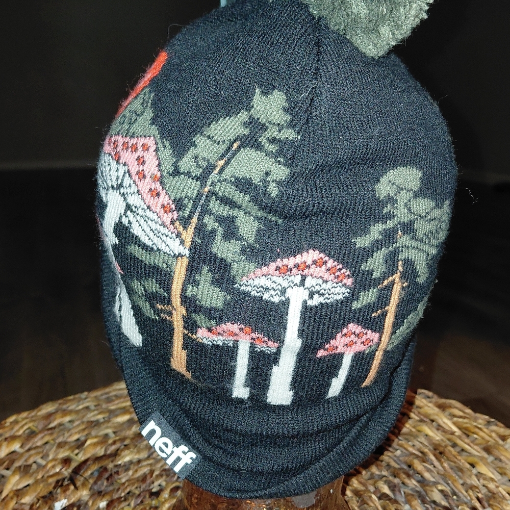 Neff Black Beanie with Forest Mushroom Pattern